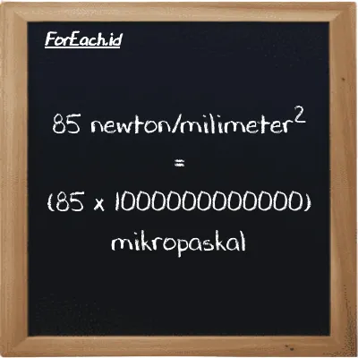 Cara konversi newton/milimeter<sup>2</sup> ke mikropaskal (N/mm<sup>2</sup> ke µPa): 85 newton/milimeter<sup>2</sup> (N/mm<sup>2</sup>) setara dengan 85 dikalikan dengan 1000000000000 mikropaskal (µPa)